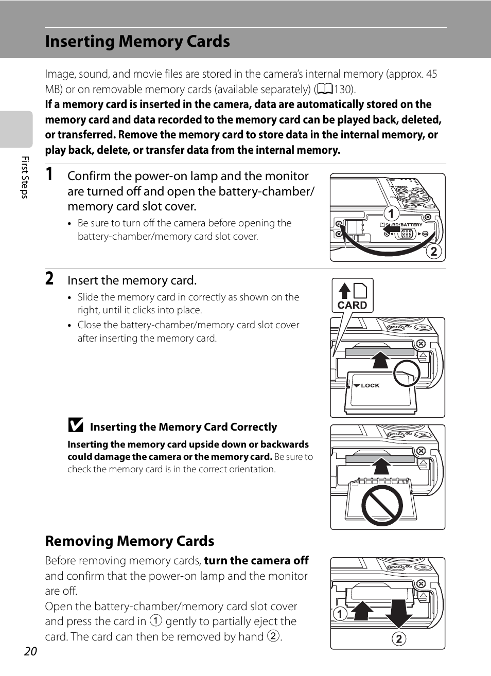 Inserting memory cards, Removing memory cards | Nikon S620 User Manual | Page 32 / 164