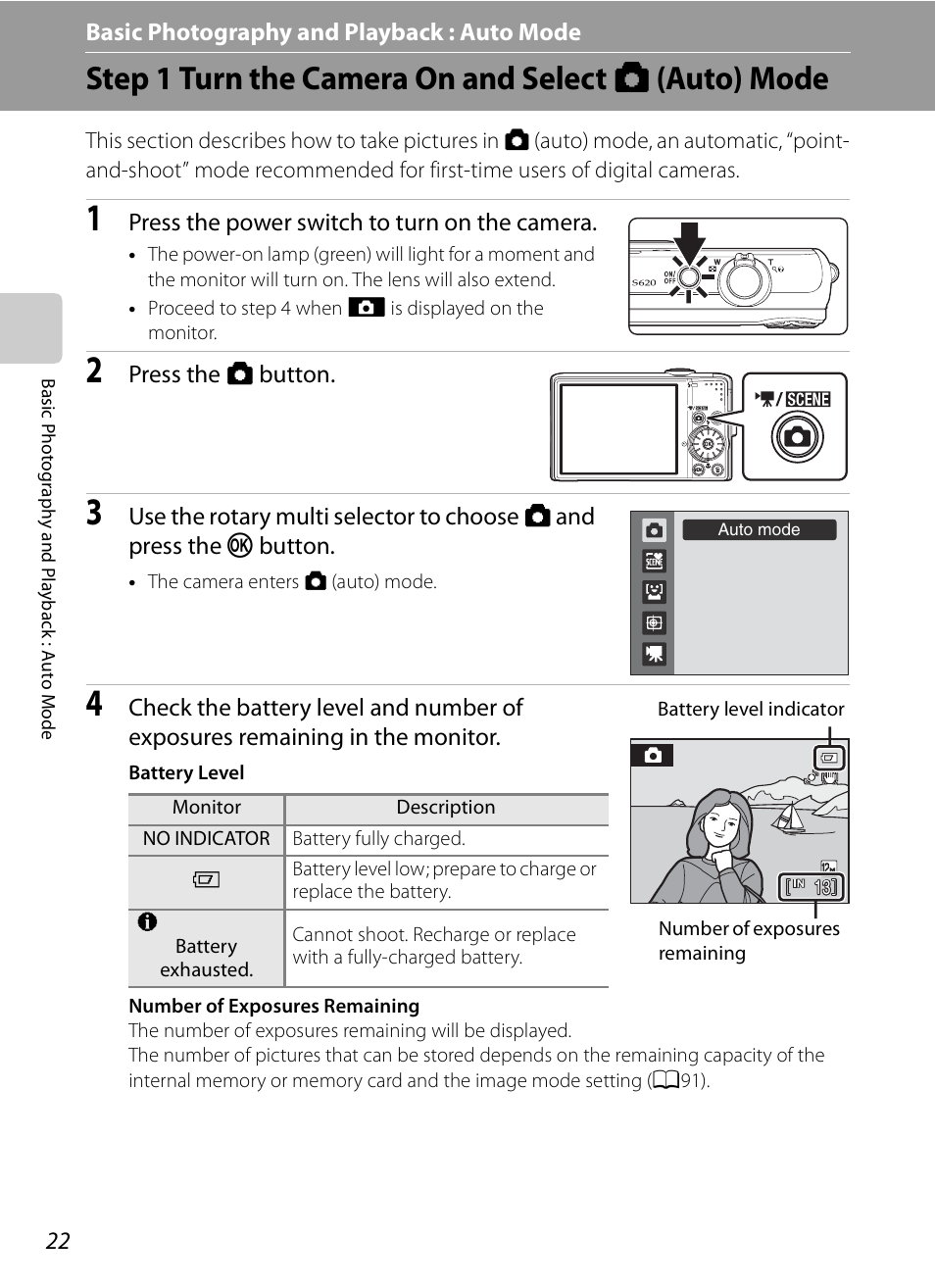 Basic photography and playback : auto mode, Step 1 turn the camera on and select auto mode, A basic photography and playback : auto mode | Step 1 turn the camera on and select a (auto) mode, A22) | Nikon S620 User Manual | Page 34 / 164