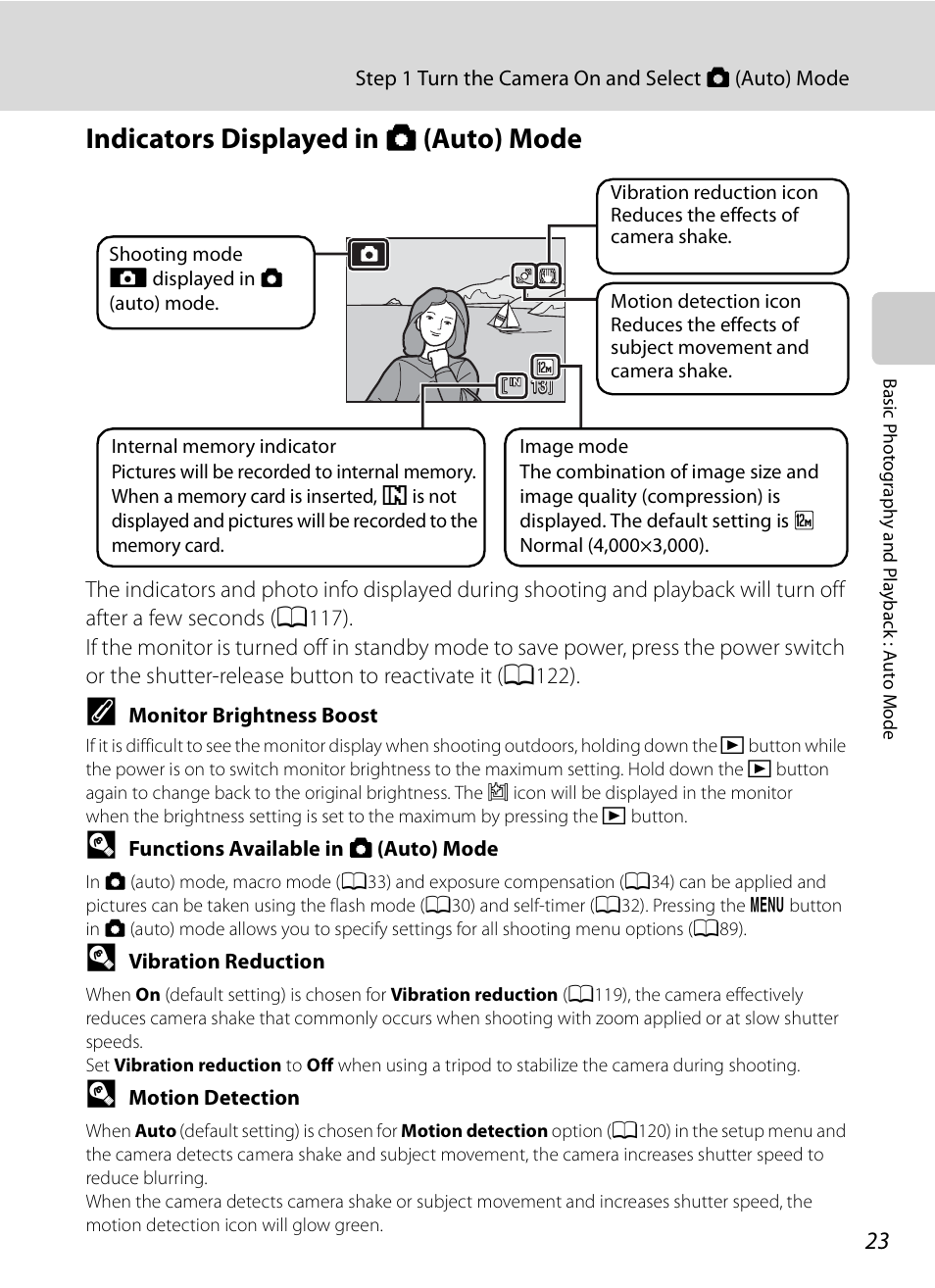 Indicators displayed in auto mode, Indicators displayed in a (auto) mode | Nikon S620 User Manual | Page 35 / 164