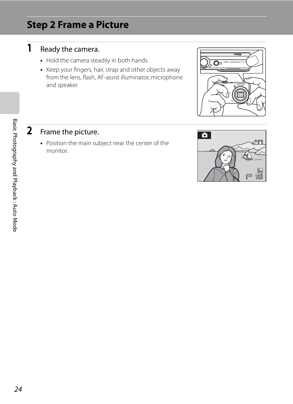 Step 2 frame a picture | Nikon S620 User Manual | Page 36 / 164