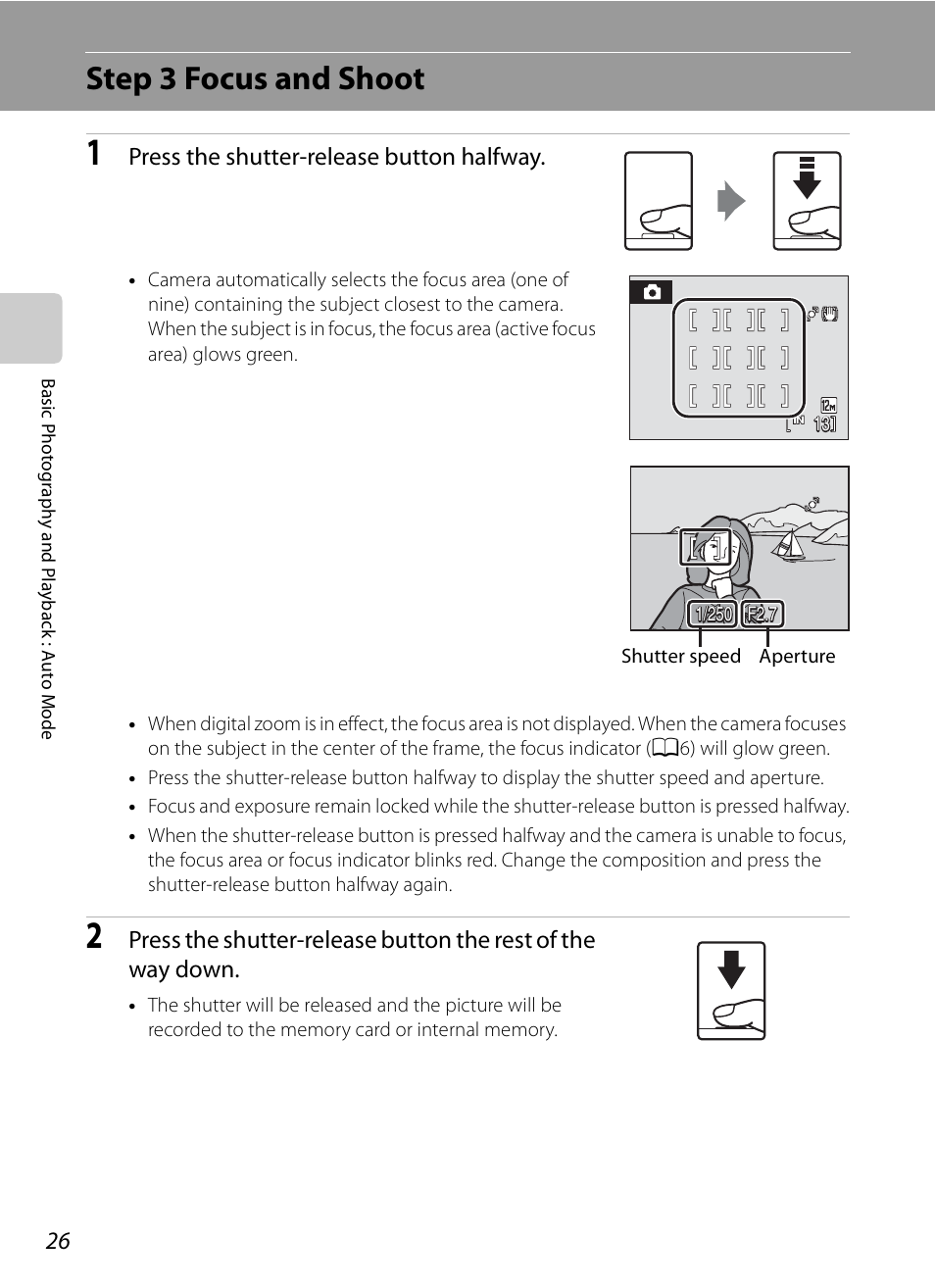 Step 3 focus and shoot, Press the shutter-release button halfway | Nikon S620 User Manual | Page 38 / 164