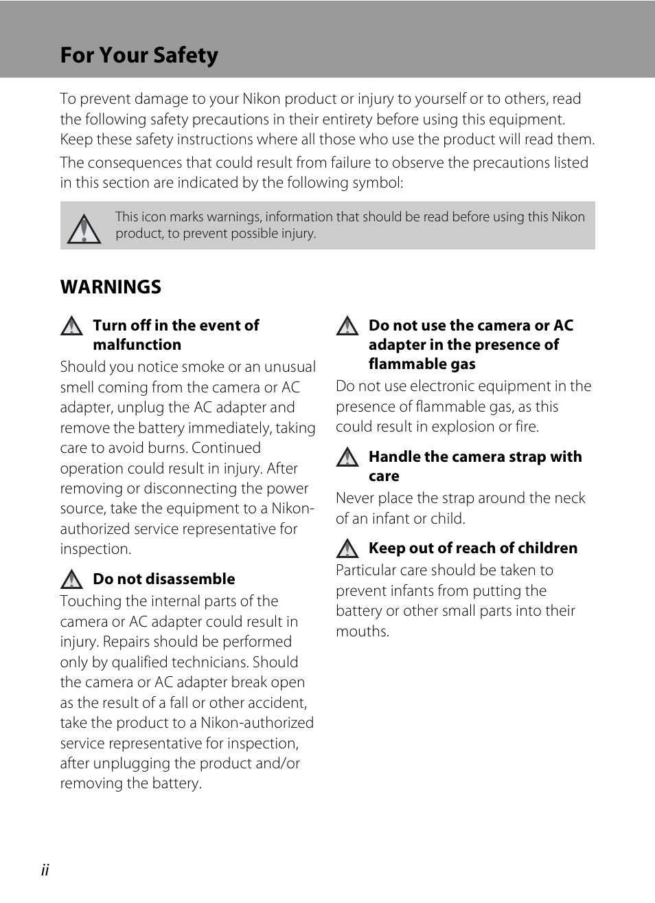 For your safety, Warnings | Nikon S620 User Manual | Page 4 / 164