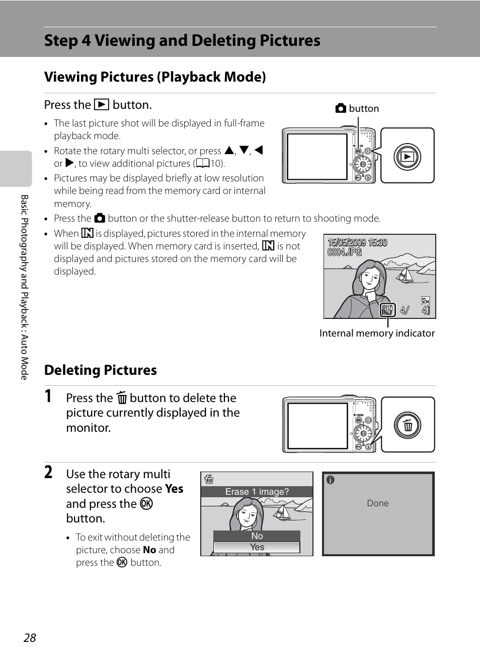 Step 4 viewing and deleting pictures, Viewing pictures (playback mode), Deleting pictures | Viewing pictures (playback mode) deleting pictures | Nikon S620 User Manual | Page 40 / 164