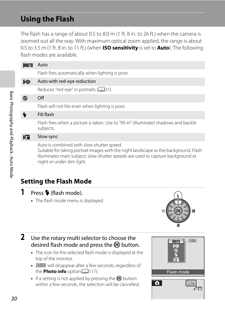 Using the flash, Setting the flash mode, A30) men | A30), Press x (flash mode) | Nikon S620 User Manual | Page 42 / 164