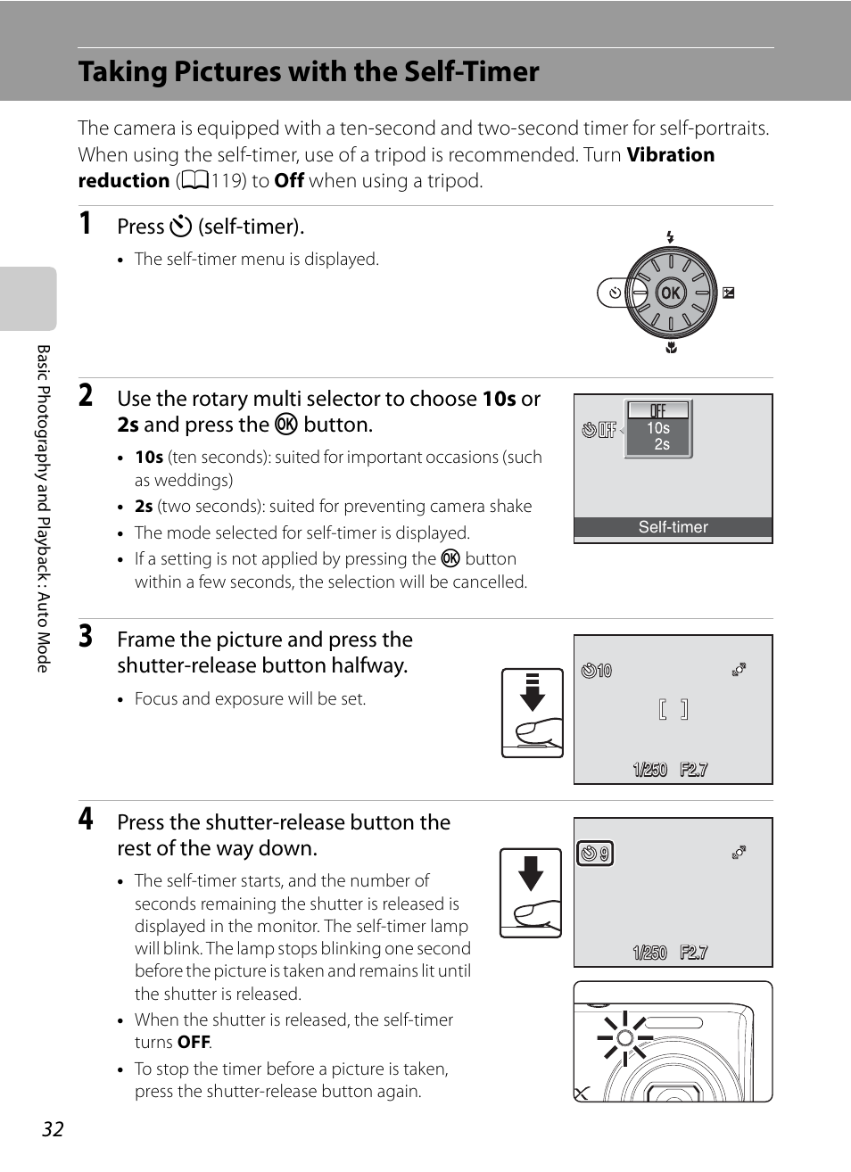 Taking pictures with the self-timer, A32) men, A32) | Nikon S620 User Manual | Page 44 / 164