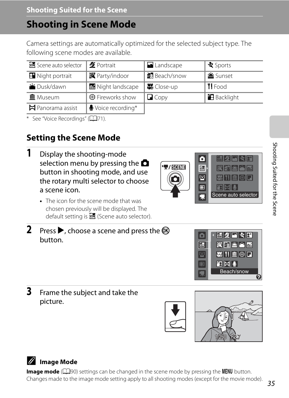 Shooting suited for the scene, Shooting in scene mode, Setting the scene mode | C shooting suited for the scene | Nikon S620 User Manual | Page 47 / 164