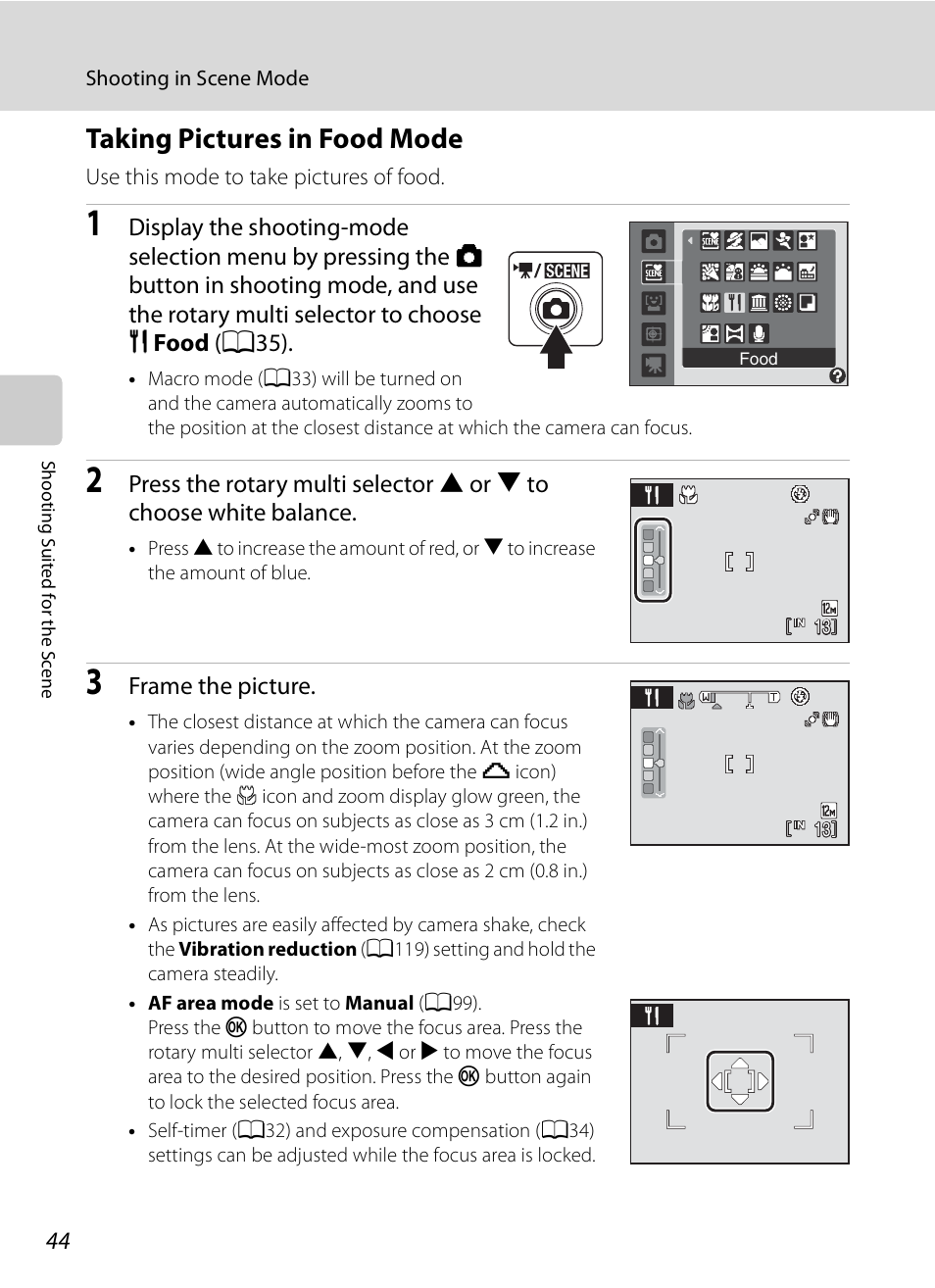 Taking pictures in food mode, A44), Frame the picture | Nikon S620 User Manual | Page 56 / 164