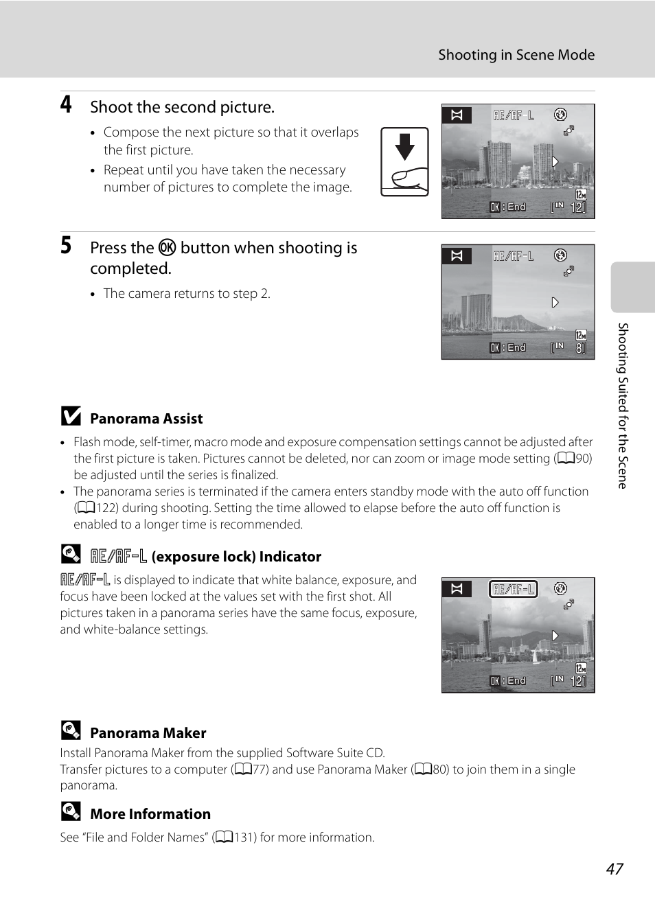 Shoot the second picture, Press the k button when shooting is completed | Nikon S620 User Manual | Page 59 / 164