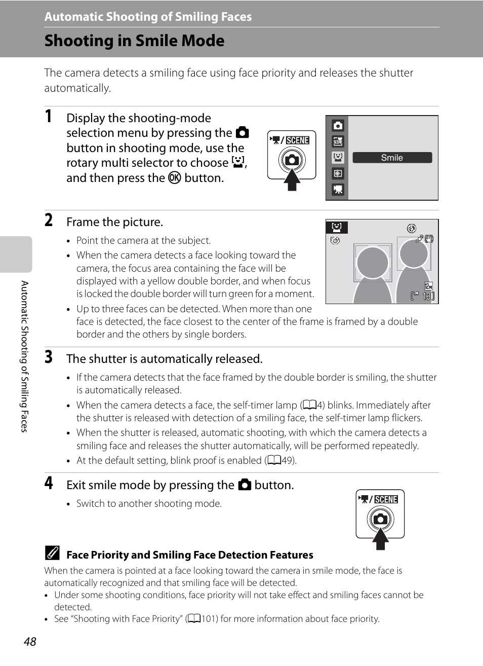 Automatic shooting of smiling faces, Shooting in smile mode, A automatic shooting of smiling faces | Nikon S620 User Manual | Page 60 / 164