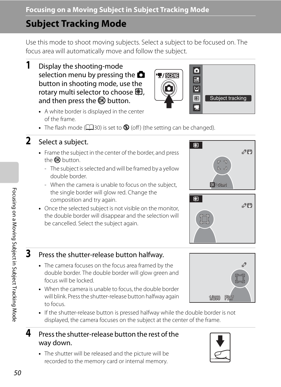 Subject tracking mode, A50), Select a subject | Press the shutter-release button halfway | Nikon S620 User Manual | Page 62 / 164