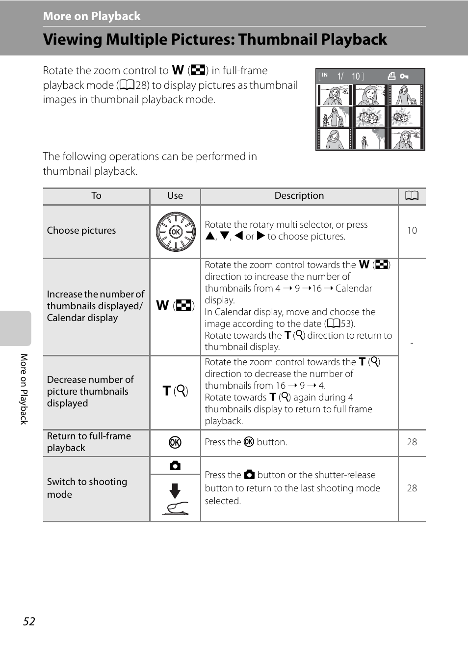More on playback, Viewing multiple pictures: thumbnail playback, C more on playback | F (h), G (i) | Nikon S620 User Manual | Page 64 / 164