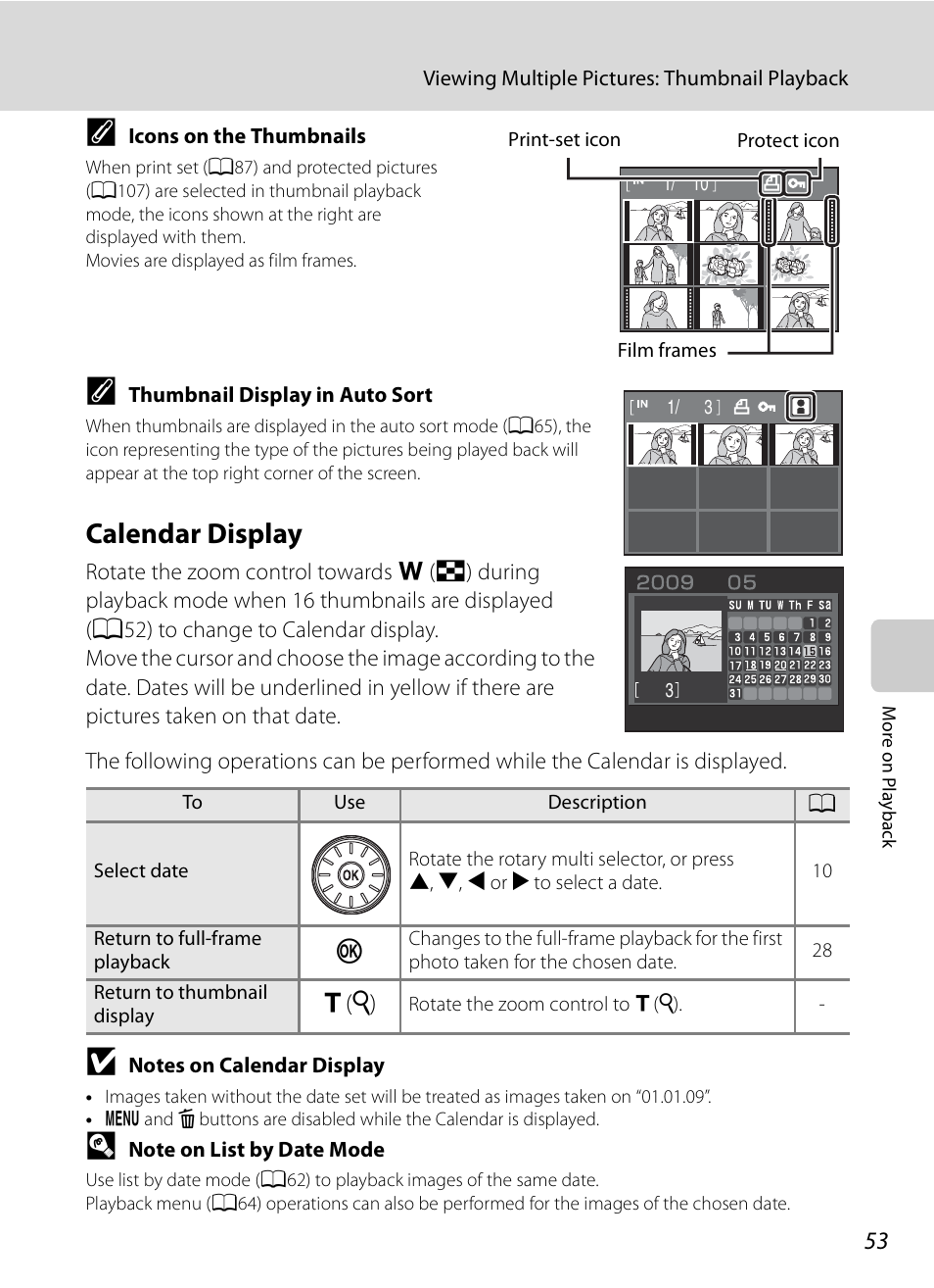Calendar display, A53), G (i) | Nikon S620 User Manual | Page 65 / 164