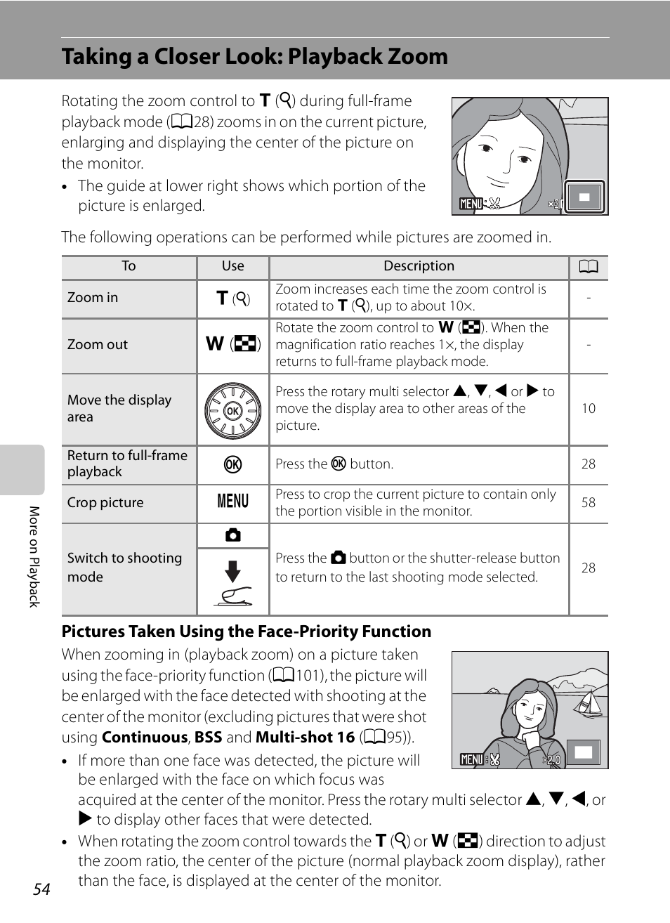 Taking a closer look: playback zoom, Pictures taken using the face-priority function, F (h) | Nikon S620 User Manual | Page 66 / 164