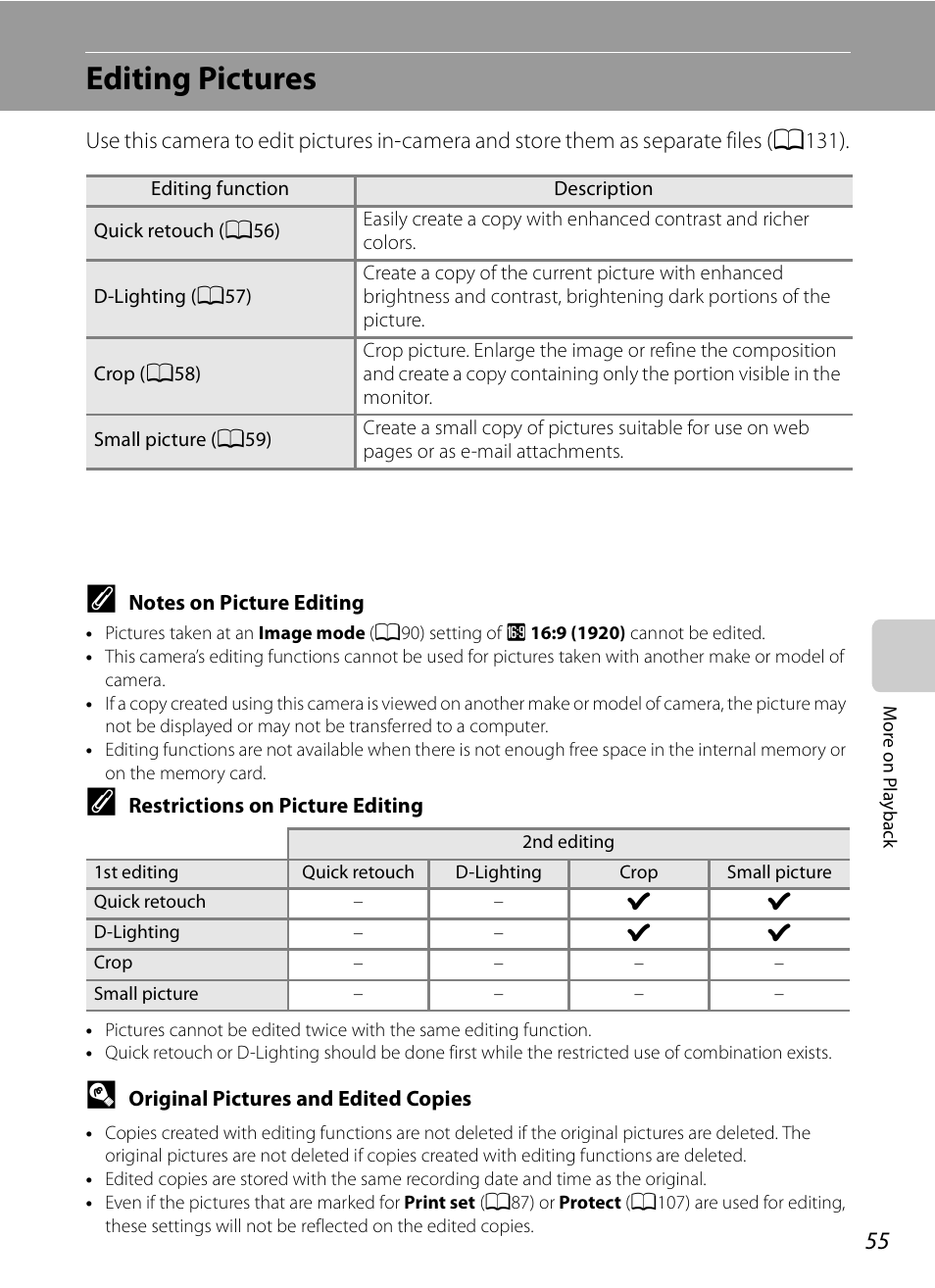 Editing pictures | Nikon S620 User Manual | Page 67 / 164