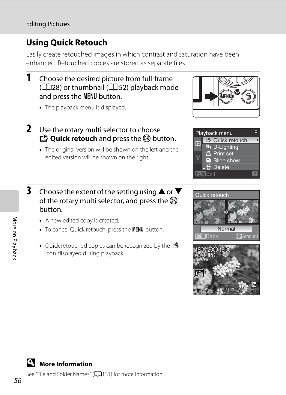 Using quick retouch, A56) | Nikon S620 User Manual | Page 68 / 164