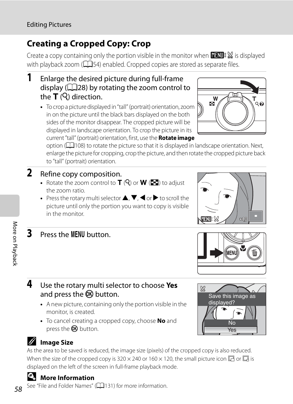 Creating a cropped copy: crop, A58) | Nikon S620 User Manual | Page 70 / 164