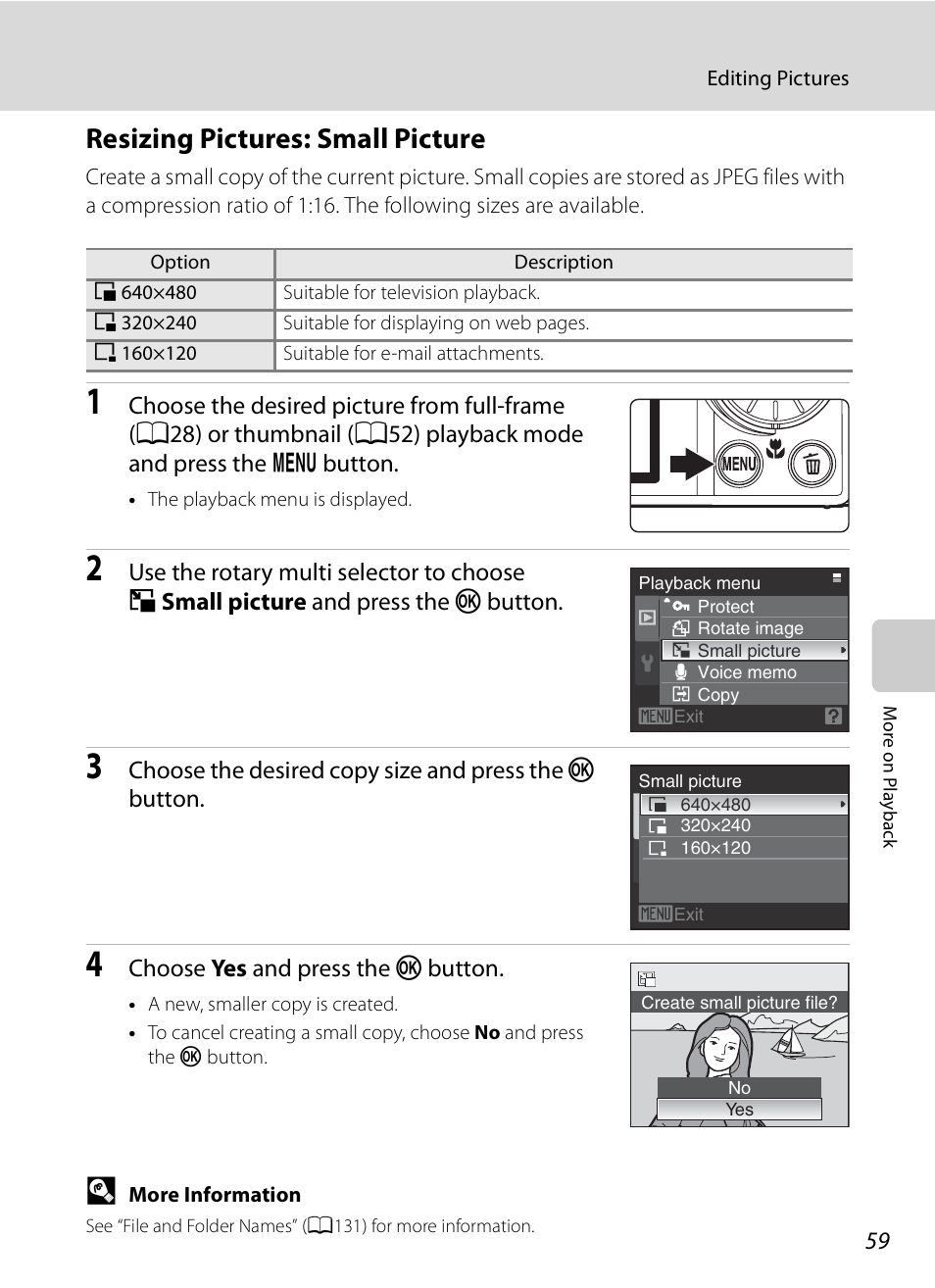 Resizing pictures: small picture, A59) | Nikon S620 User Manual | Page 71 / 164