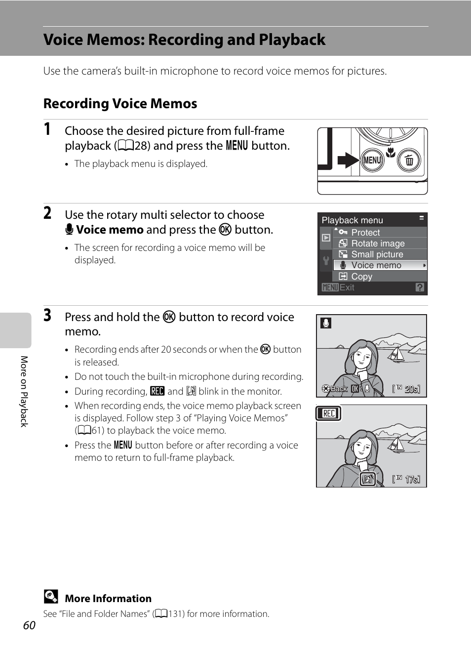 Voice memos: recording and playback, Recording voice memos | Nikon S620 User Manual | Page 72 / 164