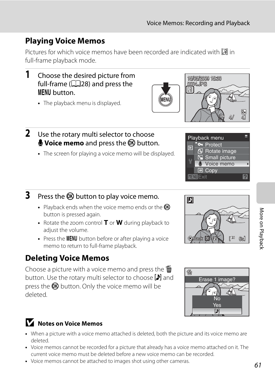 Playing voice memos, Deleting voice memos, Playing voice memos deleting voice memos | Of “playing voice memos | Nikon S620 User Manual | Page 73 / 164