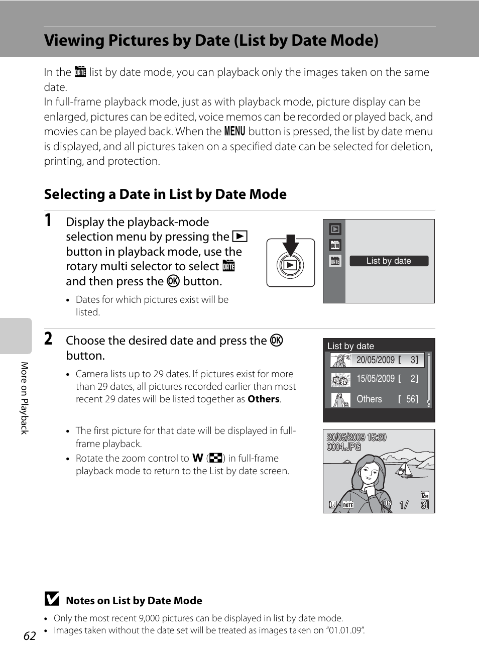 Viewing pictures by date (list by date mode), Selecting a date in list by date mode, A62) | Nikon S620 User Manual | Page 74 / 164