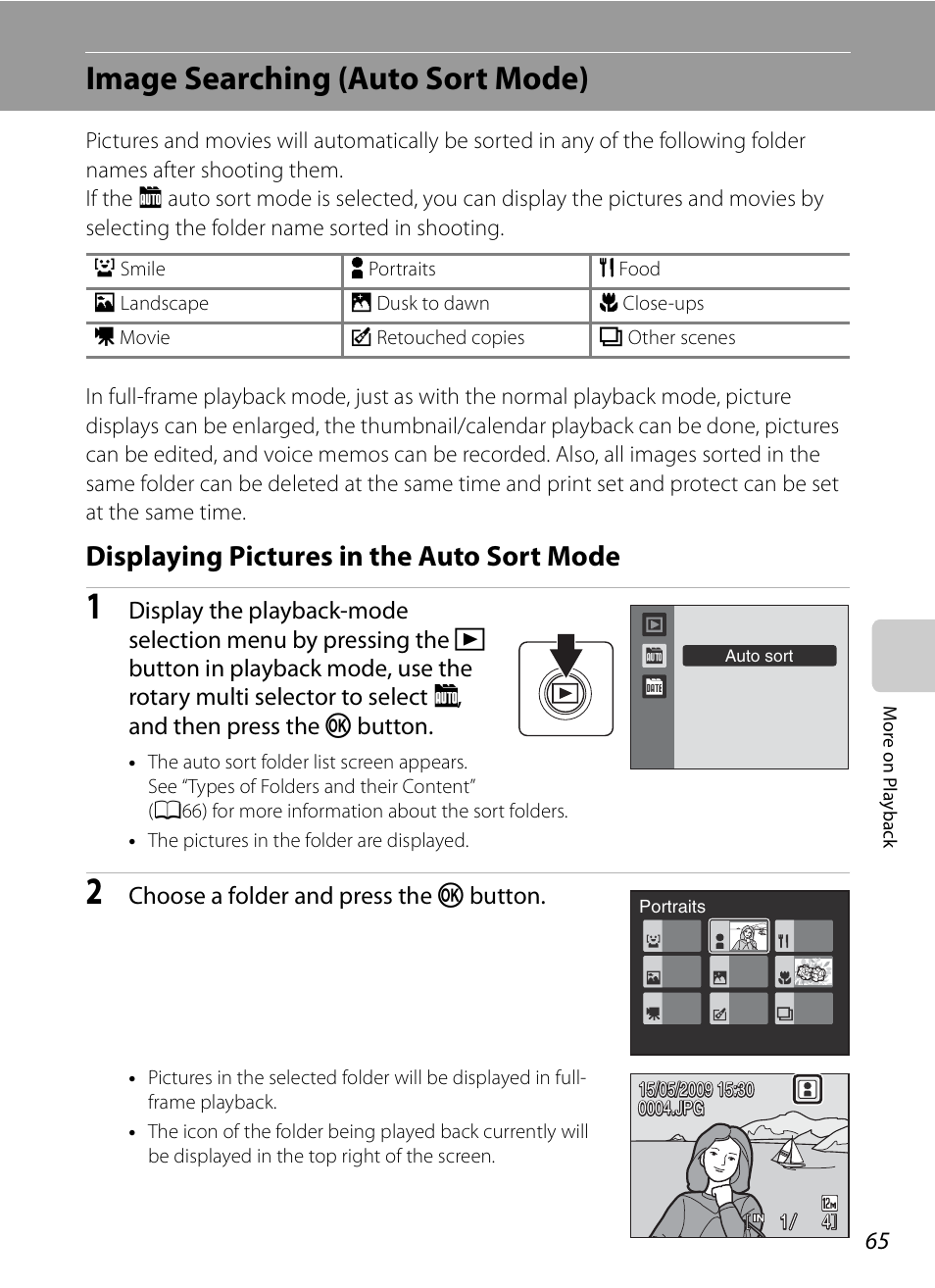 Image searching (auto sort mode), Displaying pictures in the auto sort mode, A65) | Nikon S620 User Manual | Page 77 / 164
