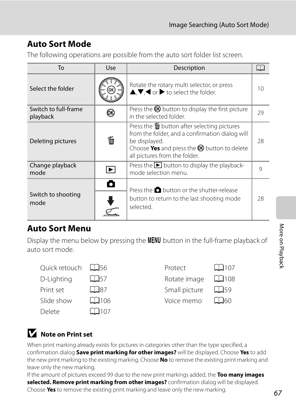 Auto sort mode, Auto sort menu, Auto sort mode auto sort menu | A67) | Nikon S620 User Manual | Page 79 / 164