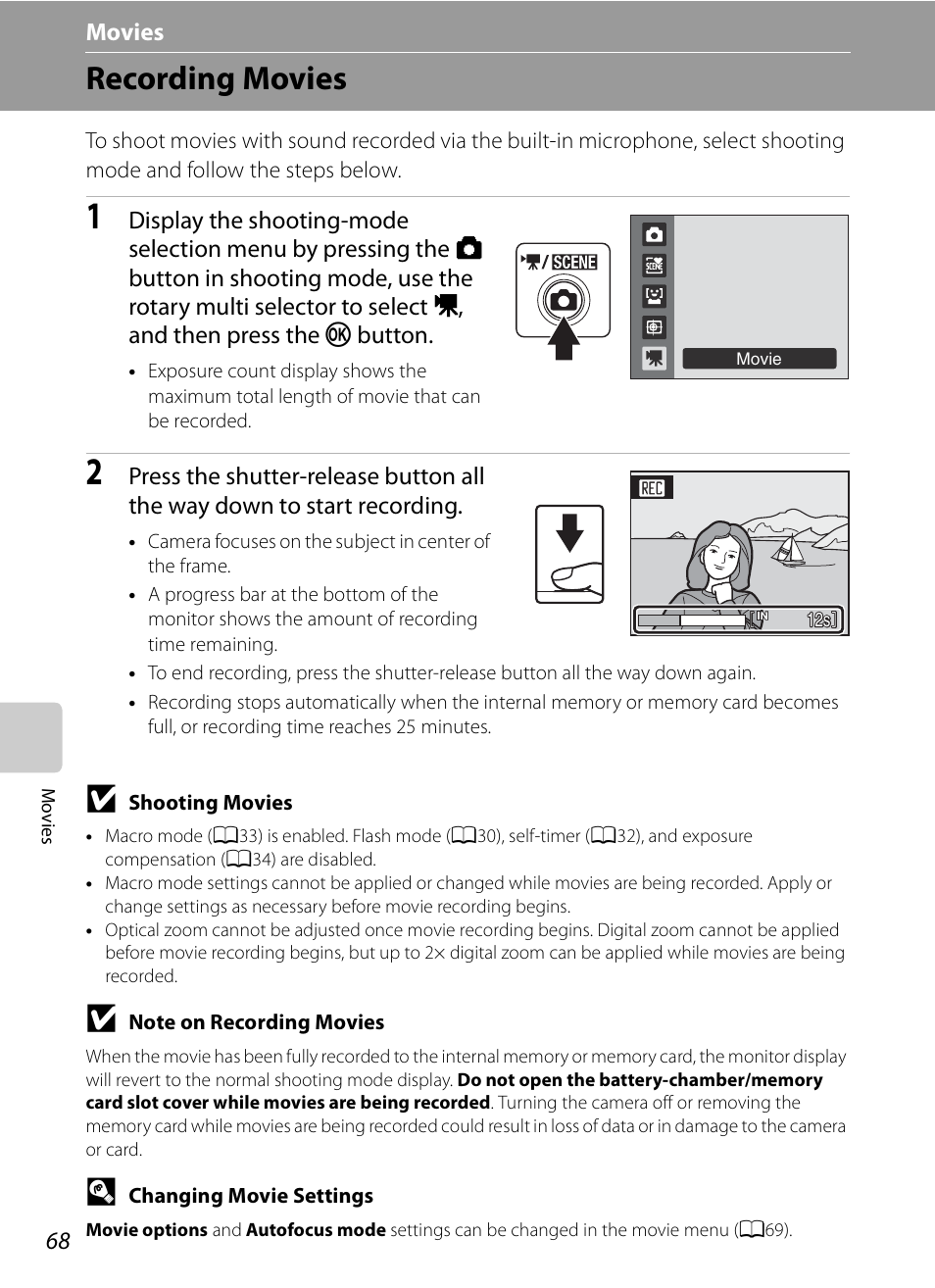 Movies, Recording movies, D movies | A68) c, A68) | Nikon S620 User Manual | Page 80 / 164