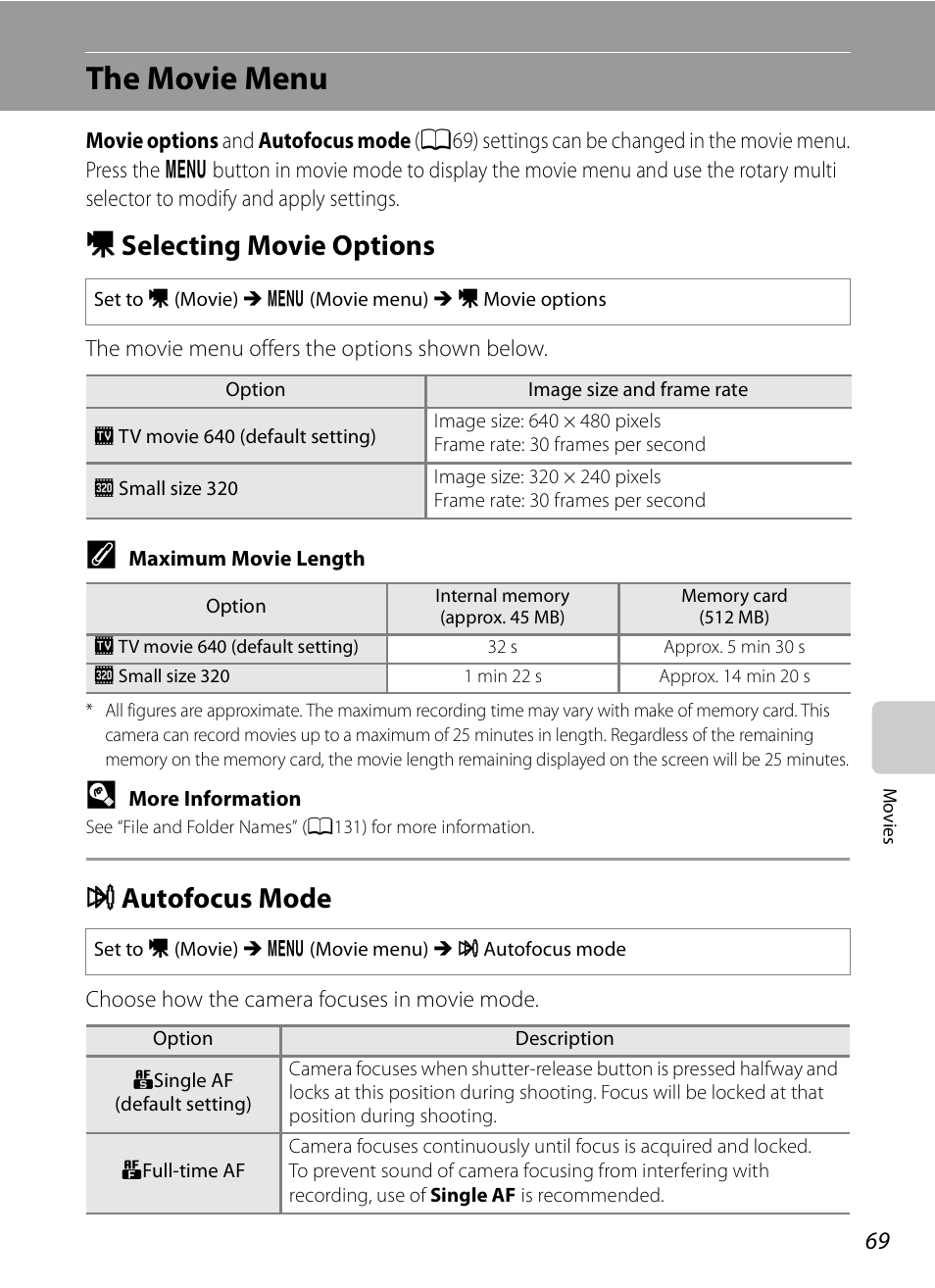 The movie menu, Selecting movie options, Autofocus mode | D selecting movie options i autofocus mode, D selecting movie options, I autofocus mode | Nikon S620 User Manual | Page 81 / 164