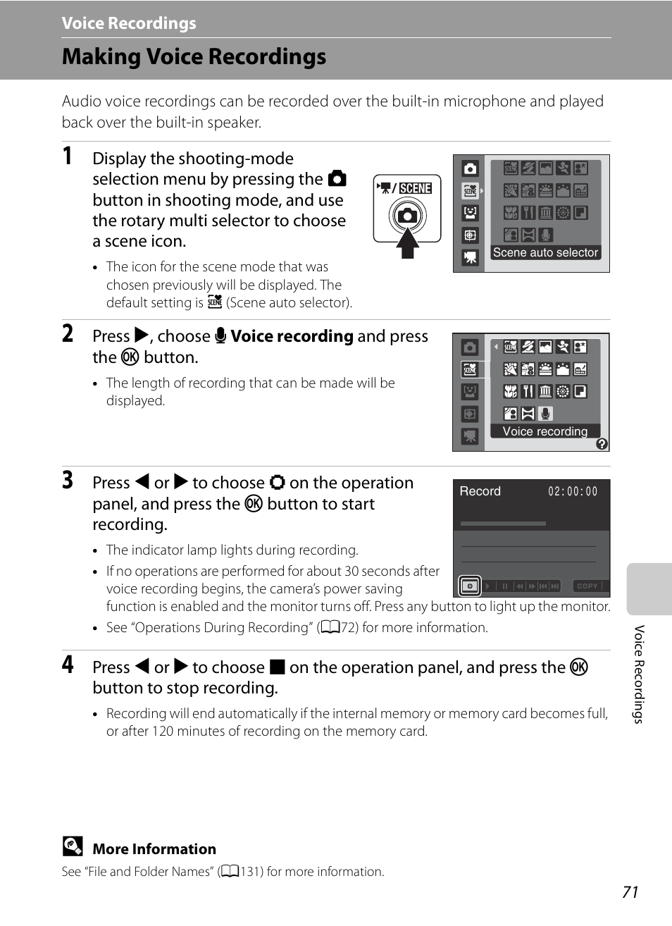 Voice recordings, Making voice recordings, E voice recordings | Nikon S620 User Manual | Page 83 / 164