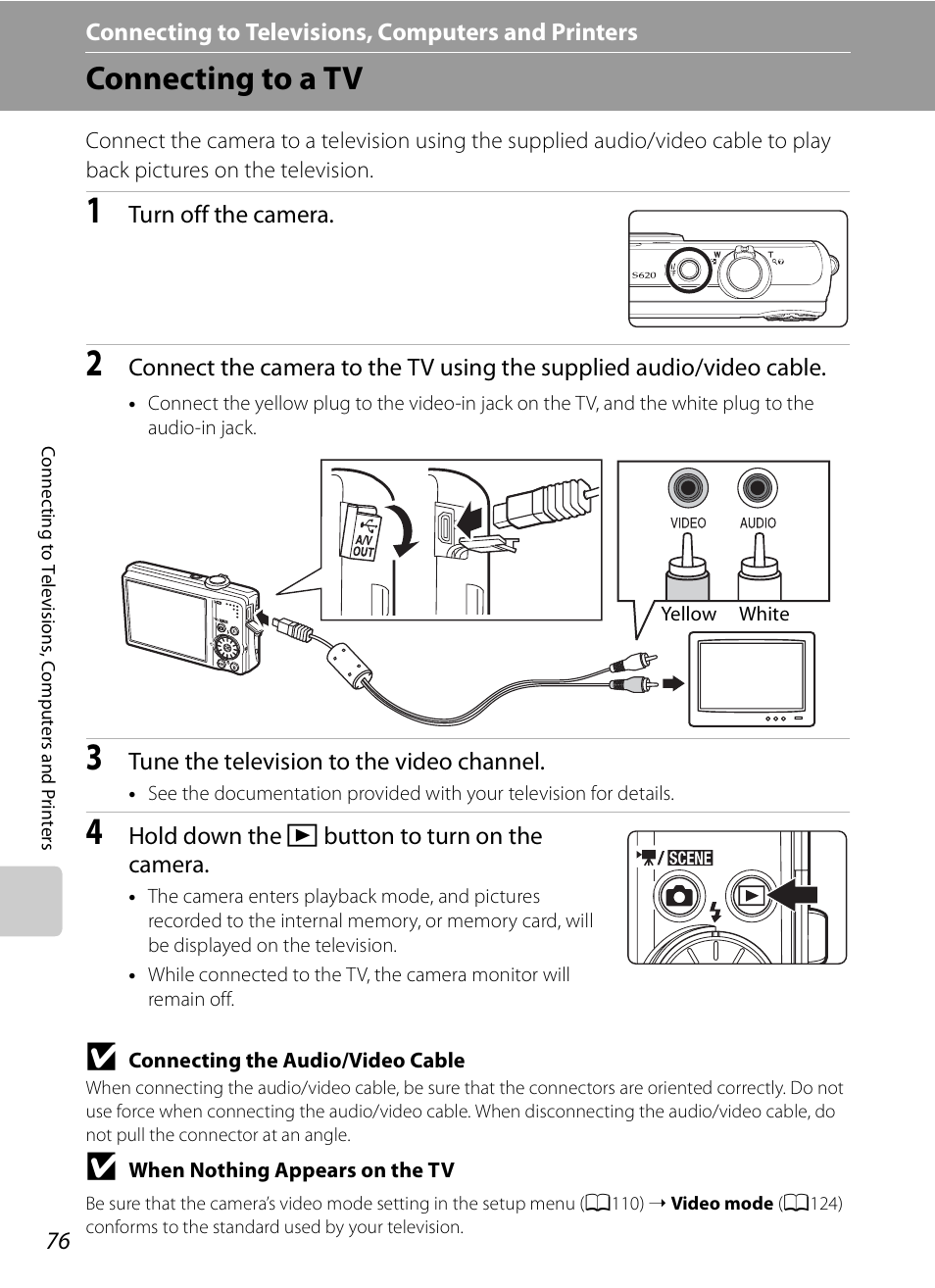 Connecting to televisions, computers and printers, Connecting to a tv | Nikon S620 User Manual | Page 88 / 164