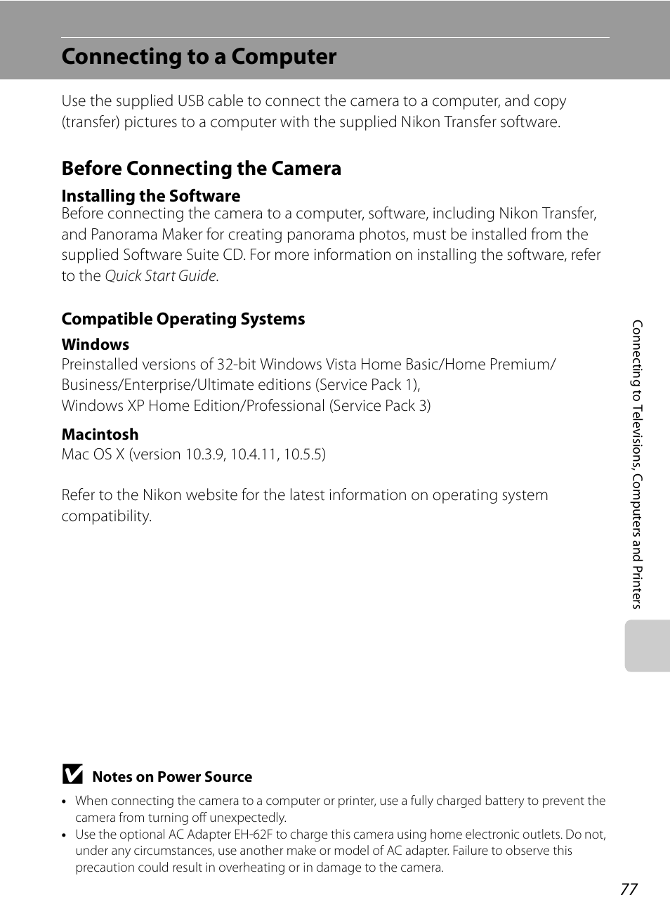 Connecting to a computer, Before connecting the camera, Installing the software | Compatible operating systems | Nikon S620 User Manual | Page 89 / 164