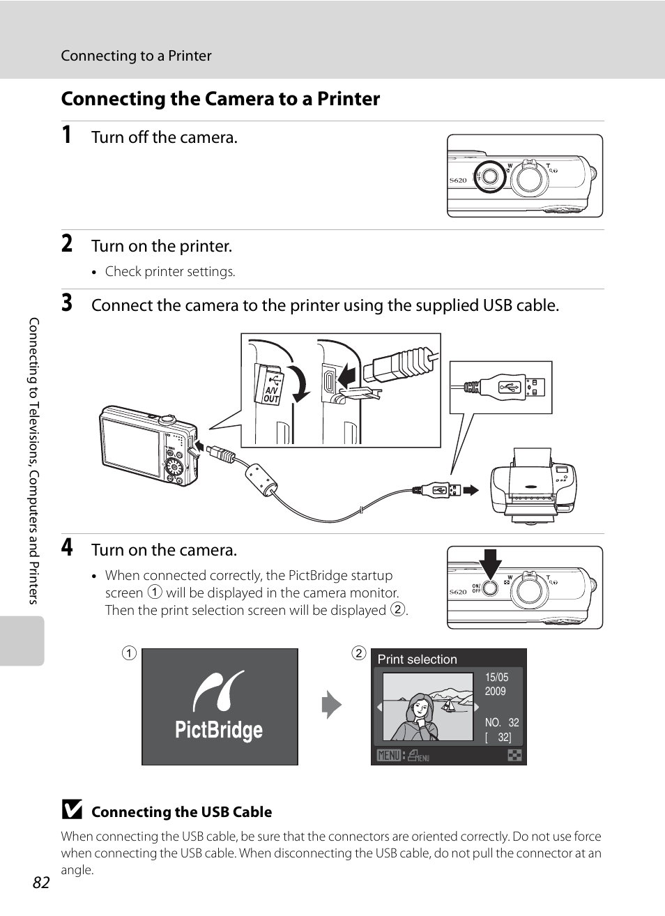 Connecting the camera to a printer, A82) | Nikon S620 User Manual | Page 94 / 164