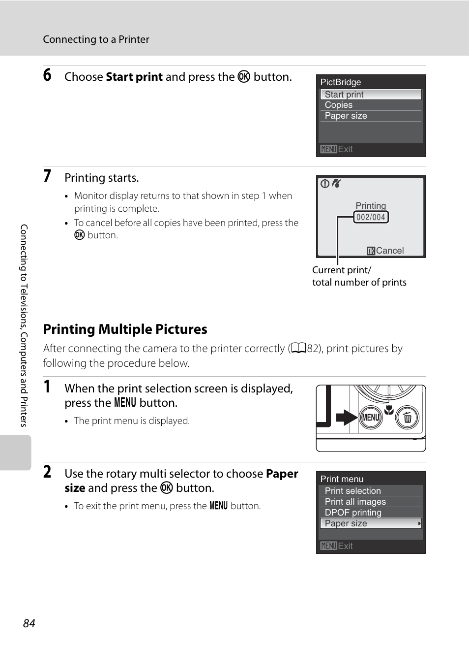 Printing multiple pictures, A84) | Nikon S620 User Manual | Page 96 / 164