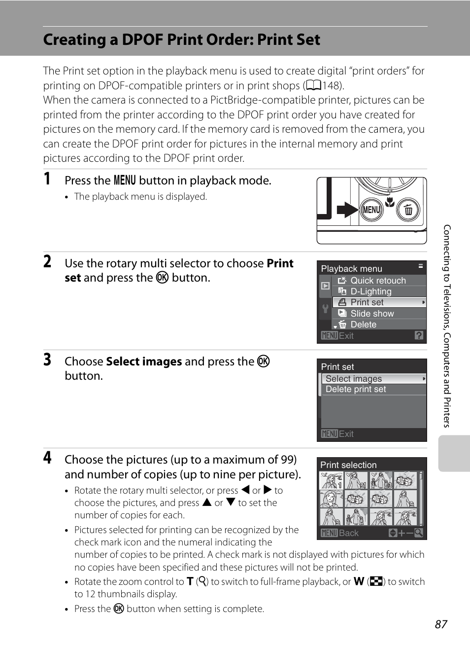 Creating a dpof print order: print set, A87), A87) o | Nikon S620 User Manual | Page 99 / 164