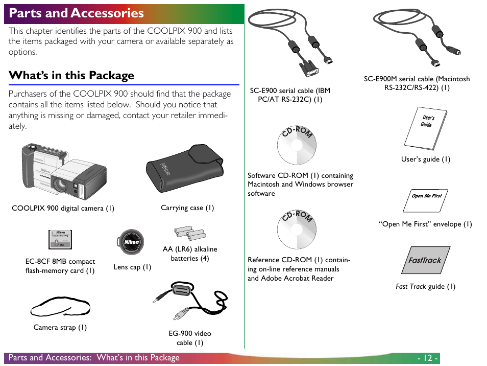 Parts and accessories, What’s in this package | Nikon 900 User Manual | Page 12 / 79