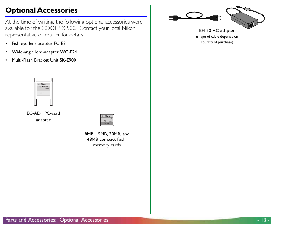 Optional accessories | Nikon 900 User Manual | Page 13 / 79