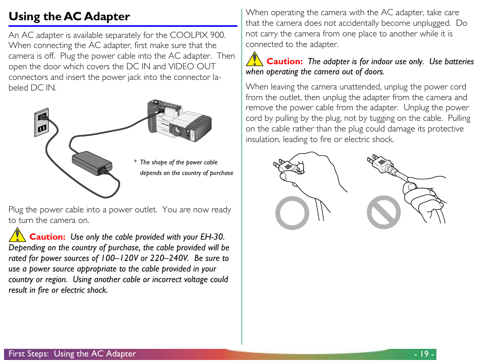 Using the ac adapter | Nikon 900 User Manual | Page 19 / 79