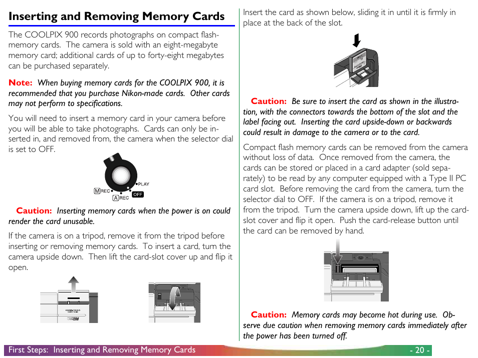 Inserting and removing memory cards | Nikon 900 User Manual | Page 20 / 79