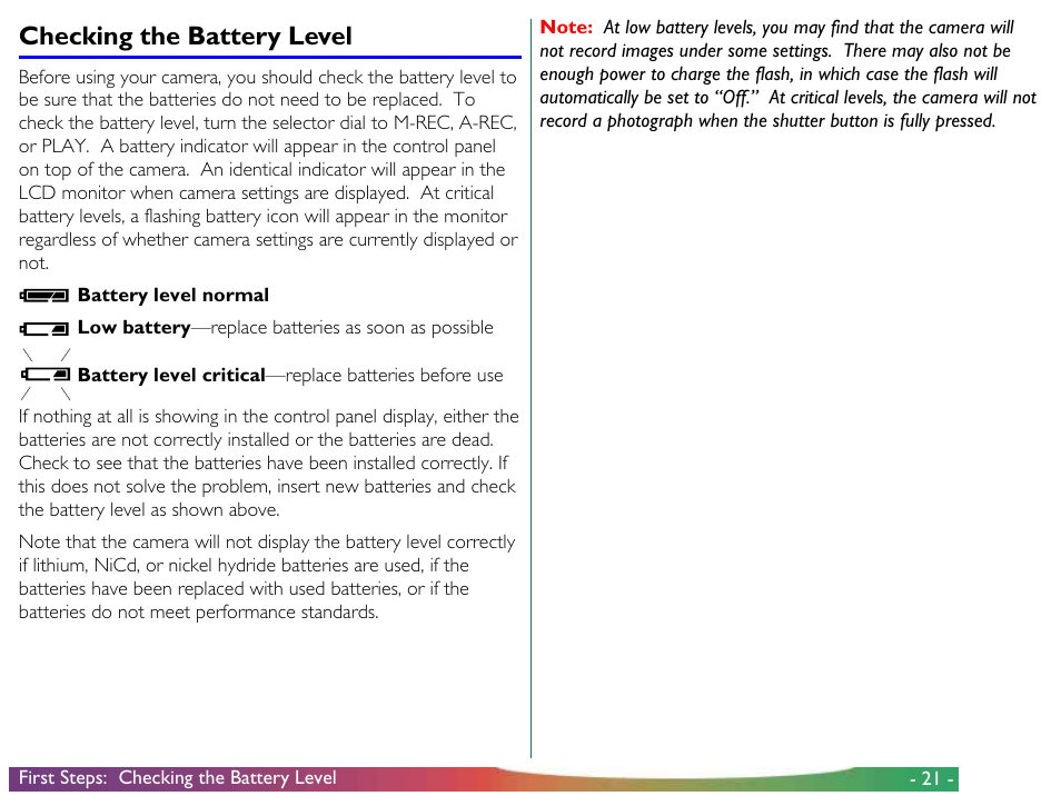 Checking the battery level | Nikon 900 User Manual | Page 21 / 79