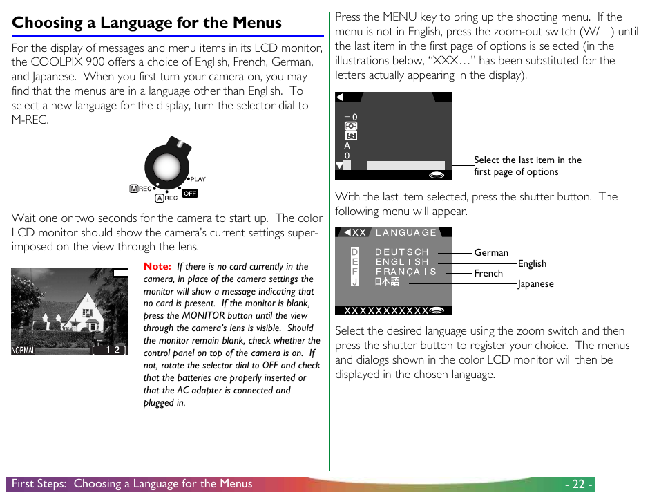 Choosing a language for the menus | Nikon 900 User Manual | Page 22 / 79
