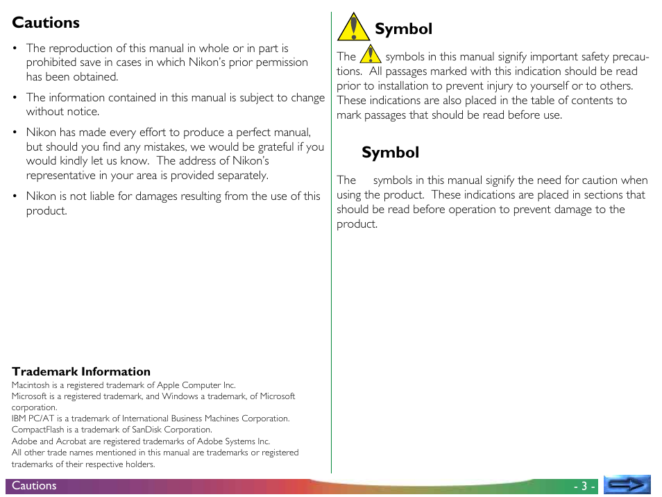 Cautions, Symbol | Nikon 900 User Manual | Page 3 / 79