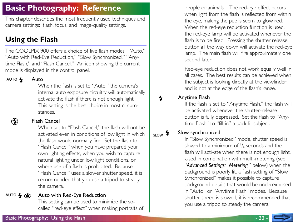 Basic photography: reference, Using the flash | Nikon 900 User Manual | Page 32 / 79
