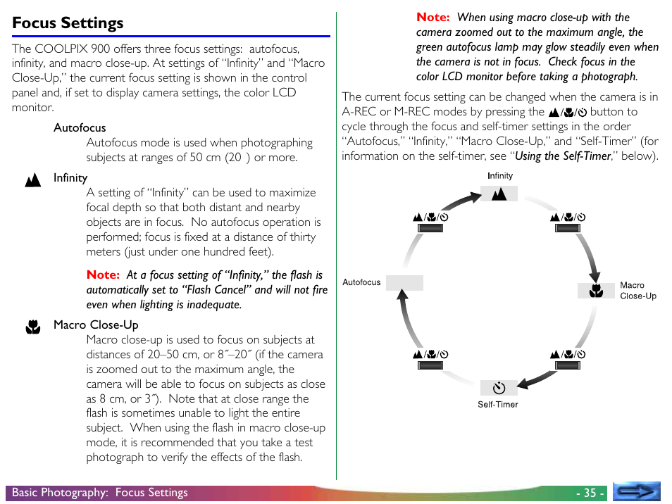 Focus settings | Nikon 900 User Manual | Page 35 / 79
