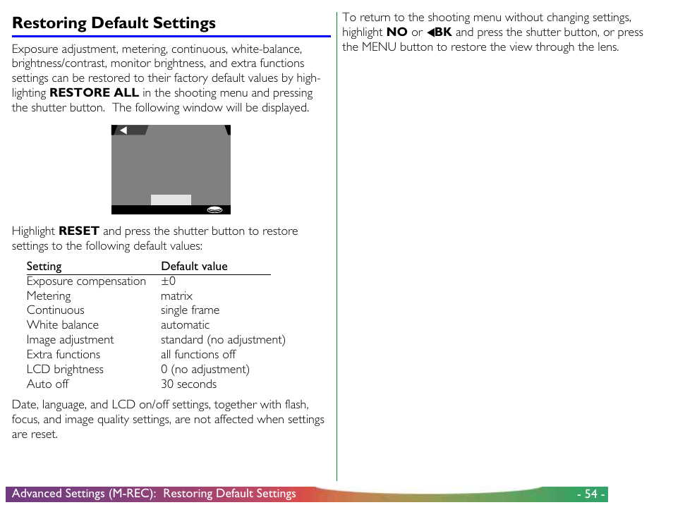 Restoring default settings | Nikon 900 User Manual | Page 54 / 79