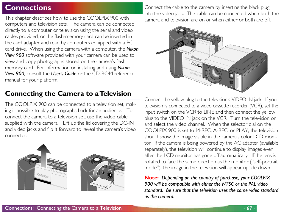 Connections, Connecting the camera to a television | Nikon 900 User Manual | Page 67 / 79