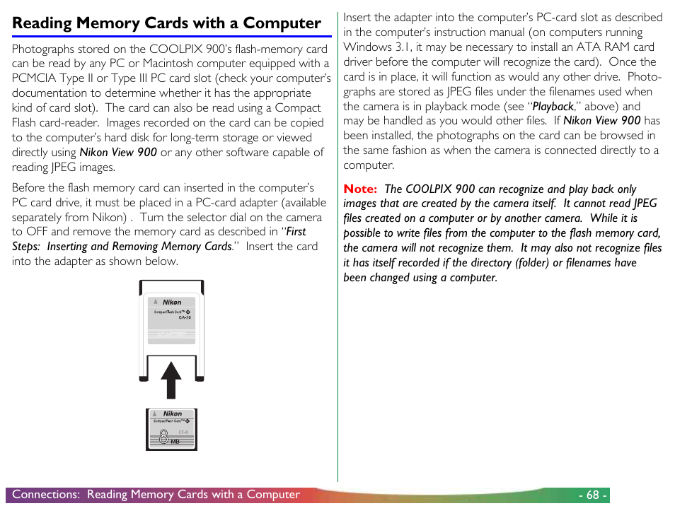 Reading memory cards with a computer | Nikon 900 User Manual | Page 68 / 79