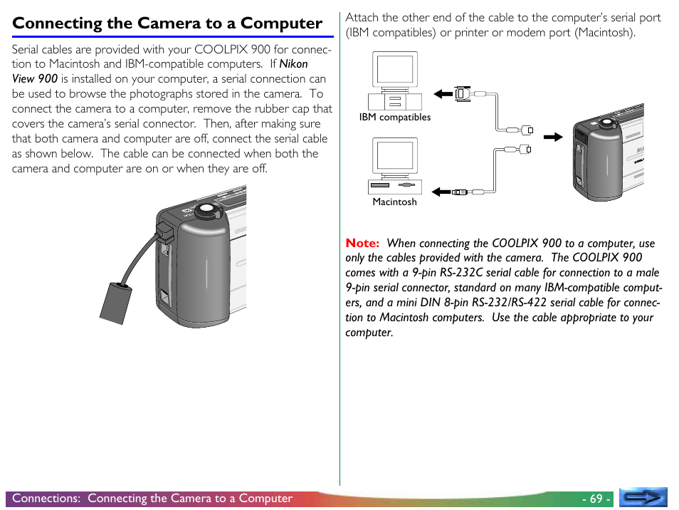 Connecting the camera to a computer, Macintosh ibm compatibles | Nikon 900 User Manual | Page 69 / 79