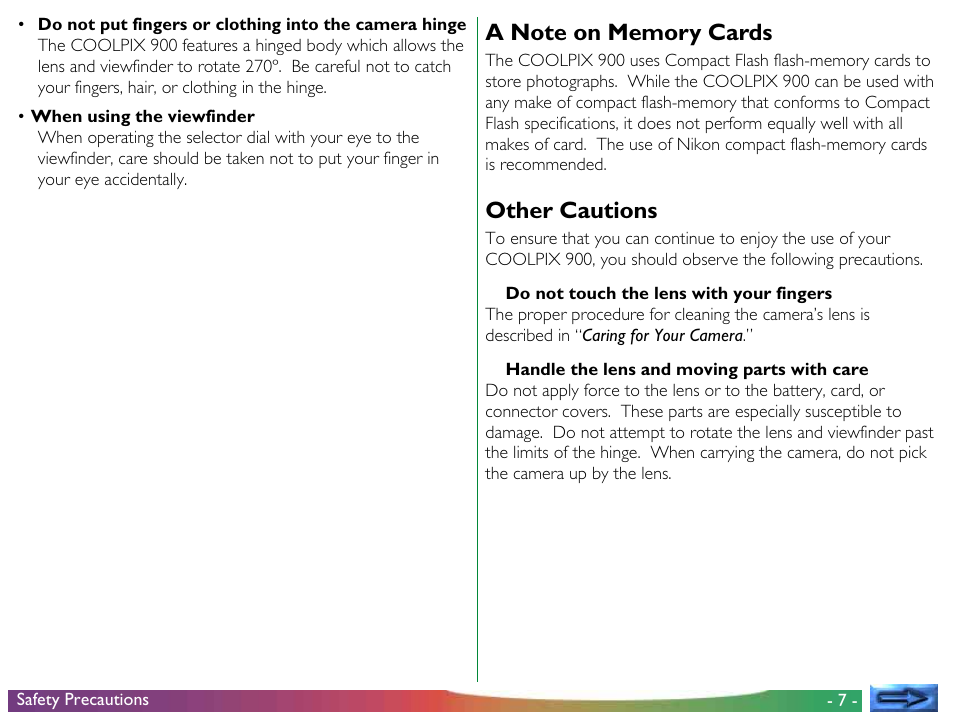 A note on memory cards, Other cautions, A note on memory cards other cautions | Nikon 900 User Manual | Page 7 / 79