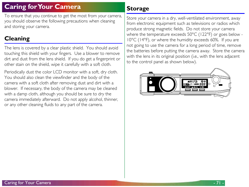 Caring for your camera, Cleaning, Storage | Cleaning storage, 71 - caring for your camera | Nikon 900 User Manual | Page 71 / 79