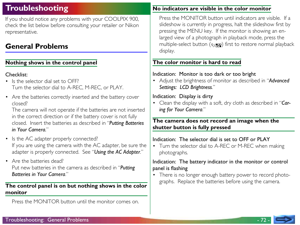 Troubleshooting, General problems | Nikon 900 User Manual | Page 72 / 79